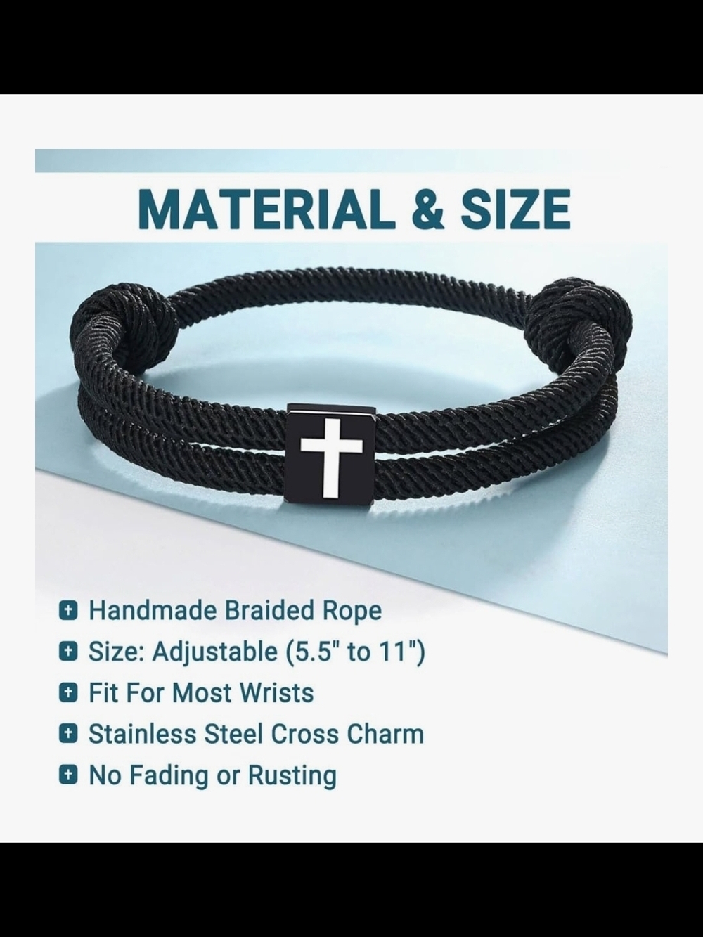 Adjustable Black Braided Rope Bracelet with Cross Charm